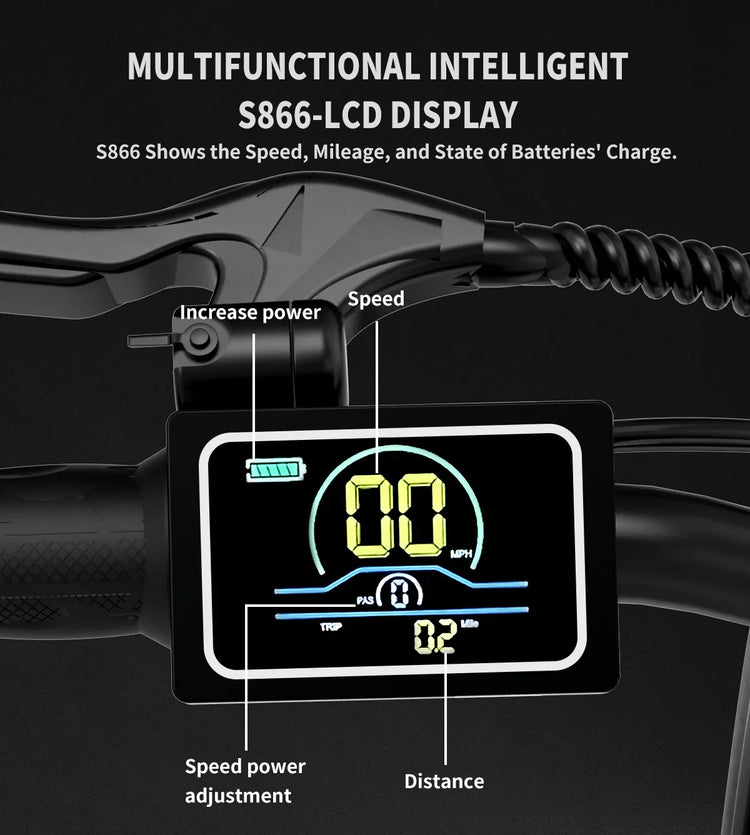 Black digital e-bike LCD display showing speed, distance, battery, and power settings