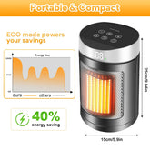 Portable compact electric heater with digital controls, black and silver design, mesh front, energy-saving ECO mode, dimensions 25cm by 15cm.
