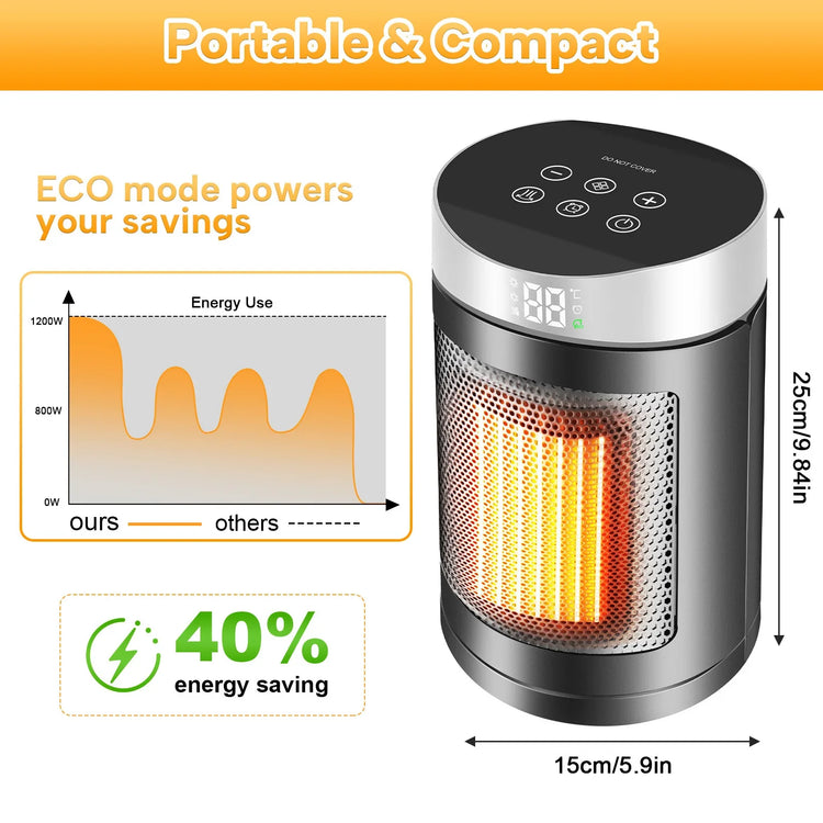 Portable compact electric heater with digital controls, black and silver design, mesh front, energy-saving ECO mode, dimensions 25cm by 15cm.