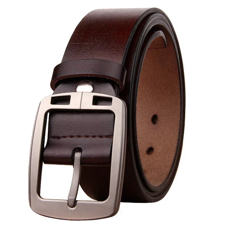 Men's brown leather belt with silver buckle, classic style, smooth finish, adjustable fit