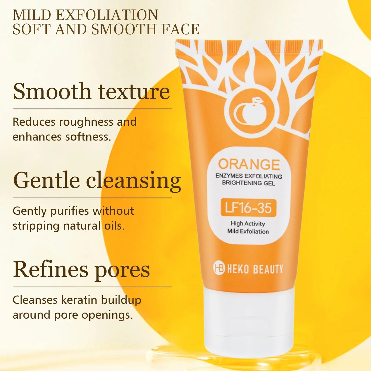 Orange tube of exfoliating face gel with white design, shown against a yellow background.