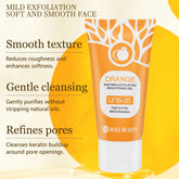 Orange tube of exfoliating face gel with white design, shown against a yellow background.