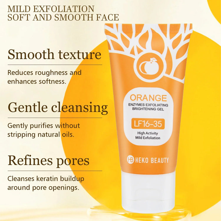 Orange tube of exfoliating face gel with white design, shown against a yellow background.