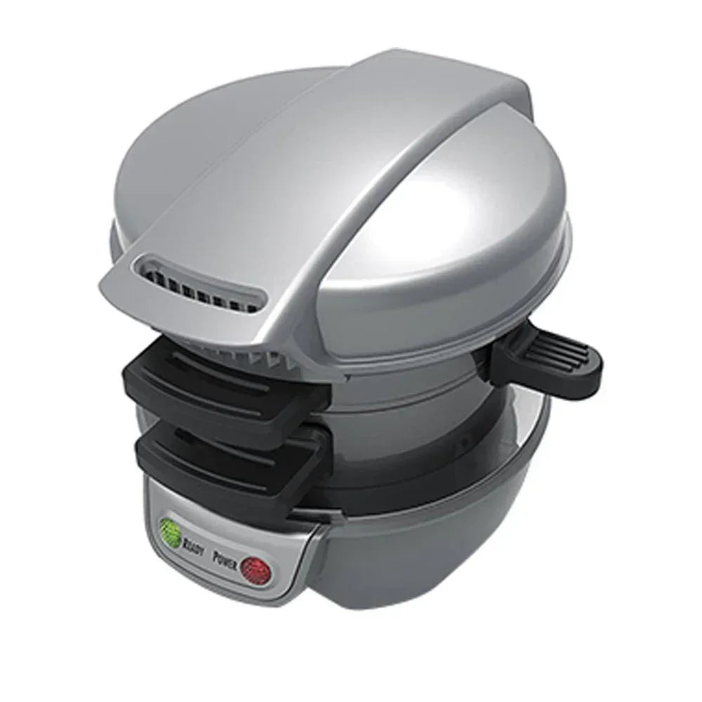 Compact silver breakfast sandwich maker with nonstick surfaces and indicator lights