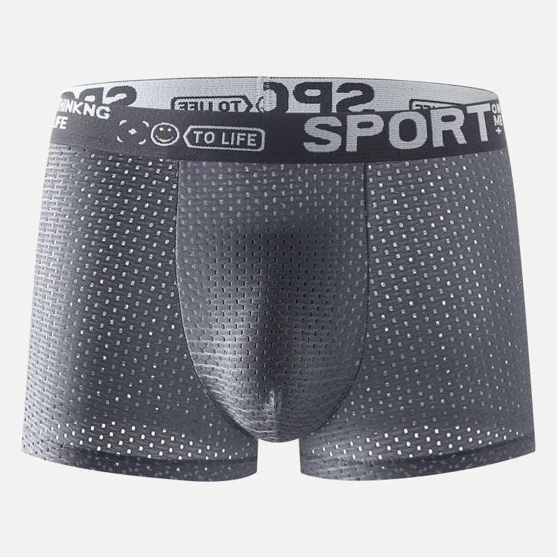 Gray mesh boxer briefs with breathable fabric and elastic waistband, modern fit underwear