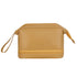 Yellow faux leather toiletry bag with zipper bottom, wrist strap, and modern minimalist style.