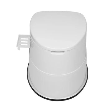 White plastic portable toilet with closed lid and side holder, minimalist design