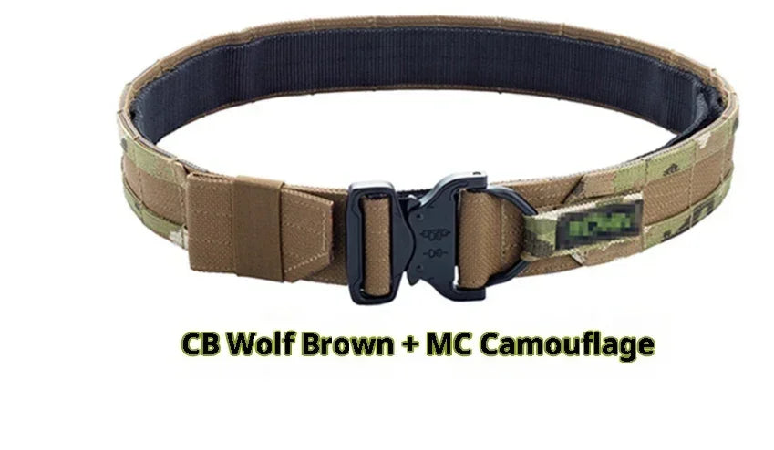 Tactical belt in wolf brown and multicam camouflage, durable nylon, adjustable fit