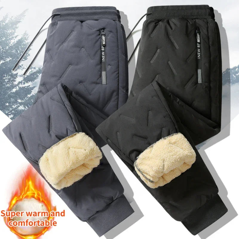 Warm fleece-lined jogger pants in black and gray, quilted design, relaxed fit, winter wear