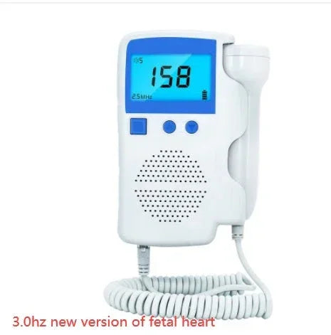 Handheld white prenatal Doppler device with digital heart rate display and coiled probe cable
