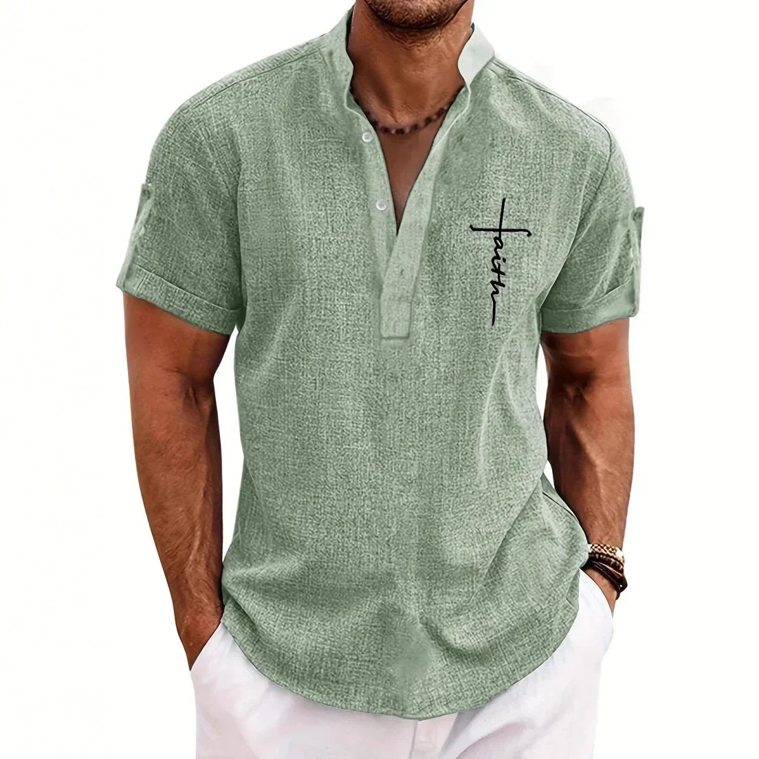 Light green short sleeve casual shirt with mandarin collar and embroidered script detail, relaxed fit