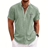 Light green short sleeve casual shirt with mandarin collar and embroidered script detail, relaxed fit