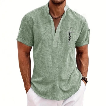 Light green short sleeve casual shirt with mandarin collar and embroidered script detail, relaxed fit