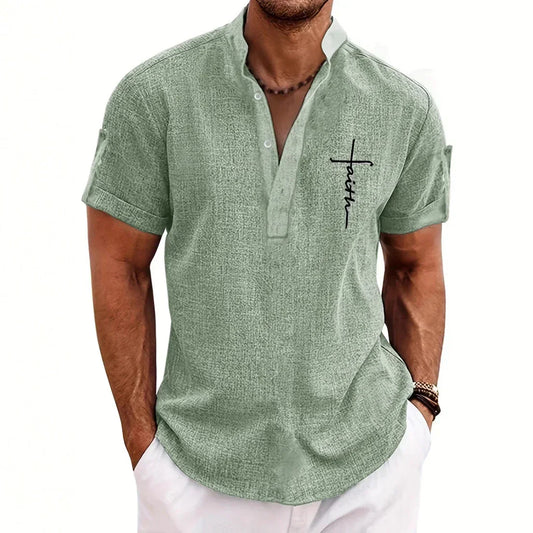 Light green short sleeve casual shirt with mandarin collar and embroidered script detail, relaxed fit