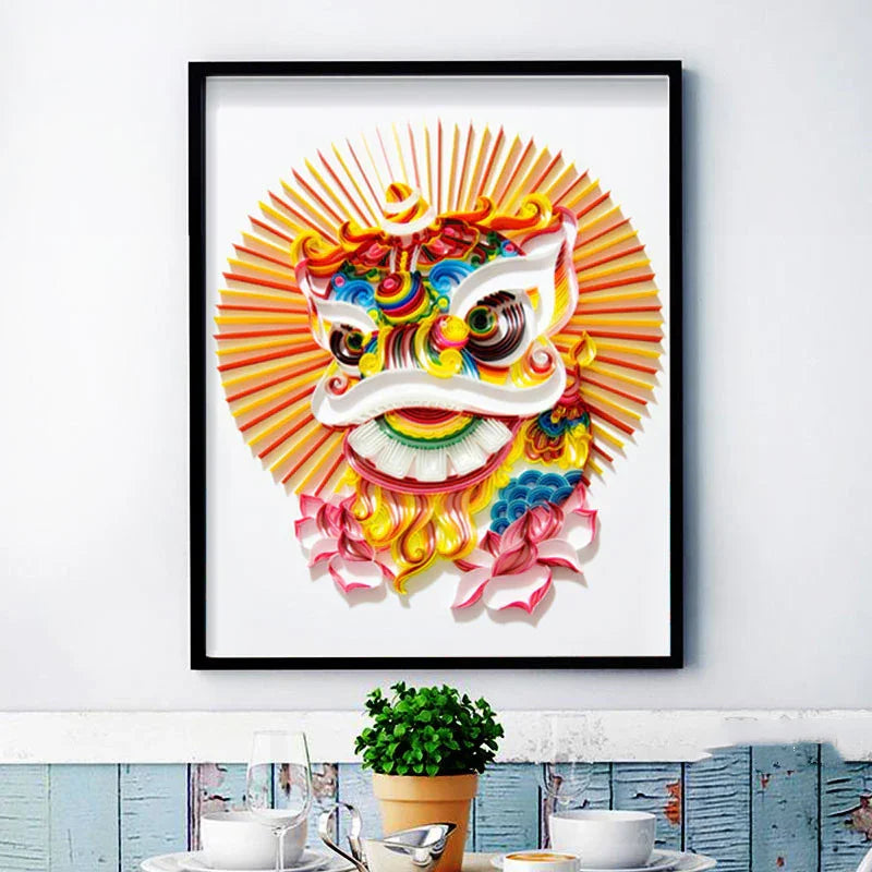 Colorful paper art lion head wall decor in black frame, featuring vibrant red, yellow, and blue details.