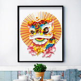Colorful paper art lion head wall decor in black frame, featuring vibrant red, yellow, and blue details.
