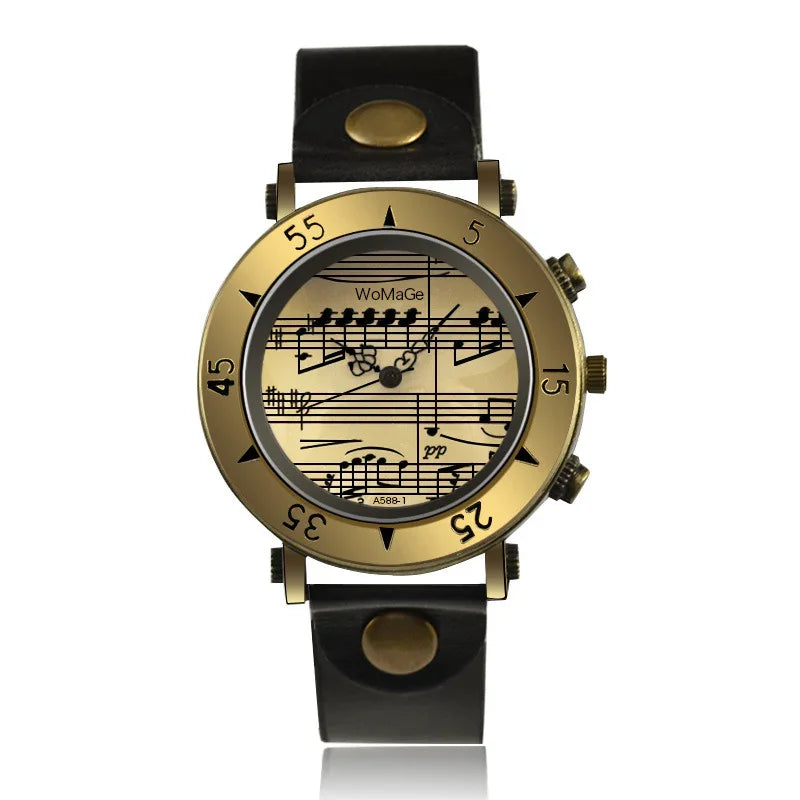 Gold and black wristwatch with leather strap, music sheet dial, and large round face