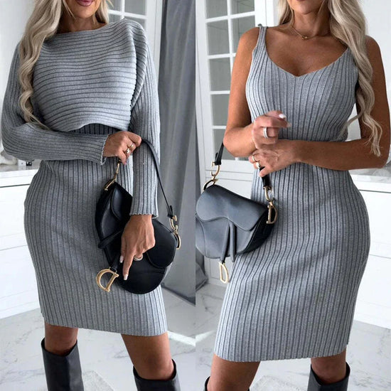 Woman in fitted gray ribbed knit dress with long sleeves and sleeveless options, accessorized with black bag.