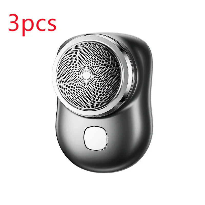 Metallic handheld electric shaver with circular shaving head, modern design, 3 pack