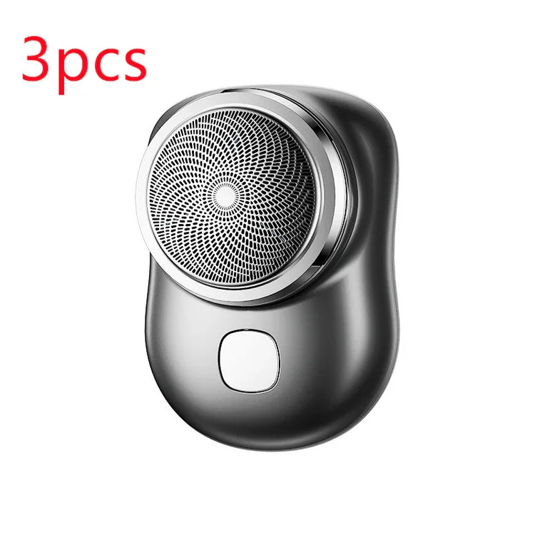Metallic handheld electric shaver with circular shaving head, modern design, 3 pack