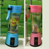 Blue and pink portable electric blenders with transparent cups and fruit print design