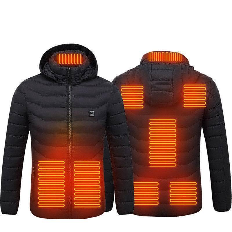 Black heated puffer jacket with hood, showing orange heating zones, modern slim fit