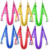Colorful nylon yoga swings with handles, displayed in pink, yellow, green, blue, red, and purple.