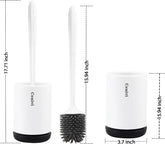 White silicone toilet brush with holder, cylindrical design, modern style, with measurements.