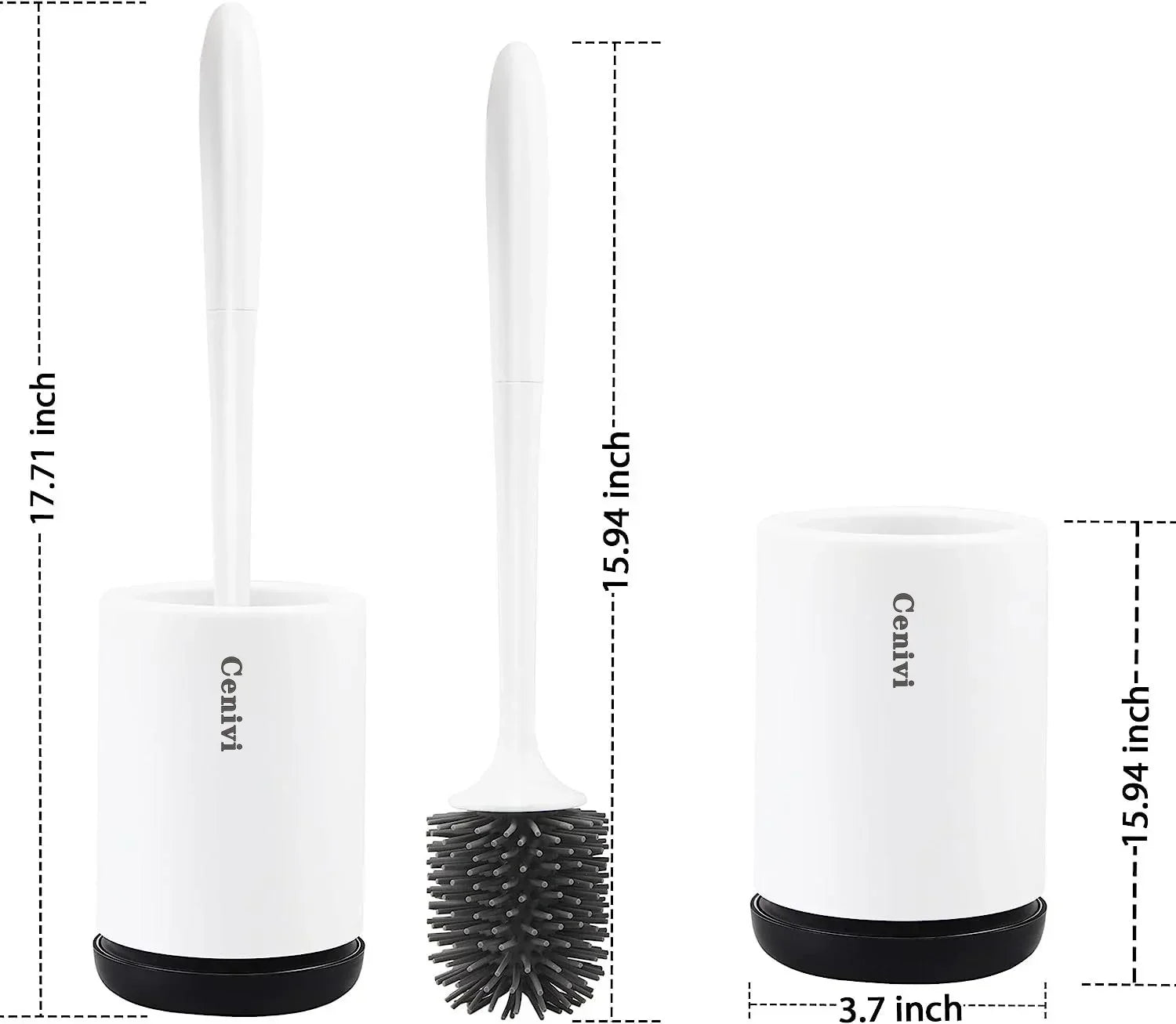 White silicone toilet brush with holder, cylindrical design, modern style, with measurements.