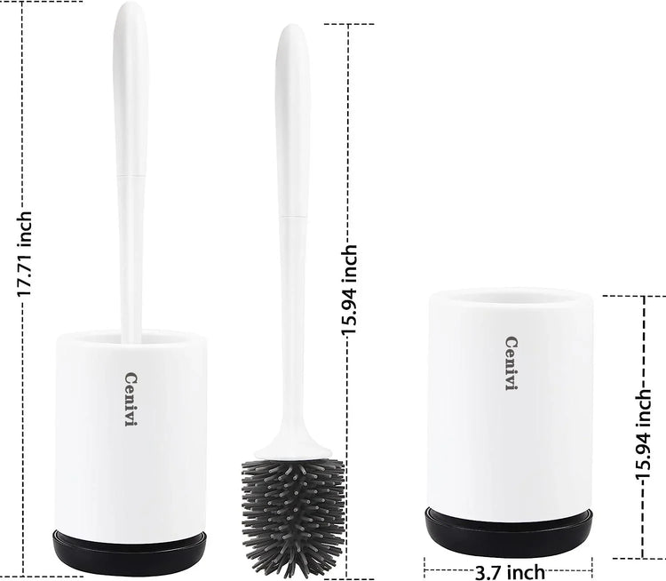 White silicone toilet brush with holder, cylindrical design, modern style, with measurements.
