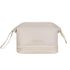 Beige faux leather travel pouch with wrist strap and zippered bottom compartment, minimalist style