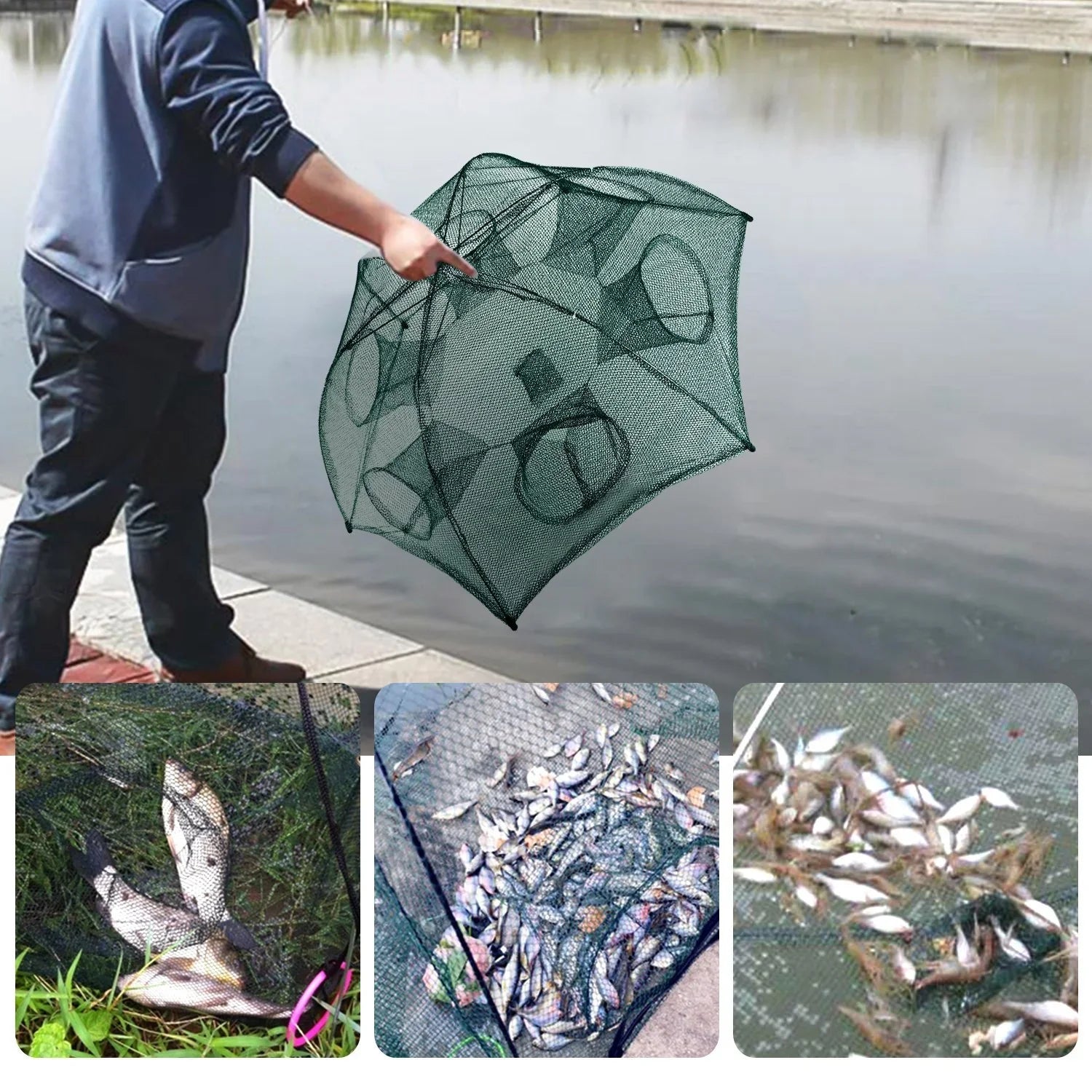 Person in relaxed fit, dark-colored streetwear using mesh fishing net trap by a pond.