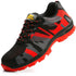 Athletic sneaker with black, grey, and red mesh upper, red sole, and lace-up closure.