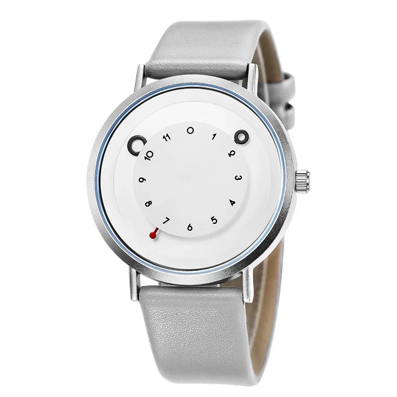 Minimalist silver wristwatch with unique dial and light gray leather strap