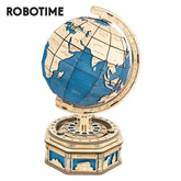Wooden mechanical globe model with blue and natural wood finish, intricate laser-cut details