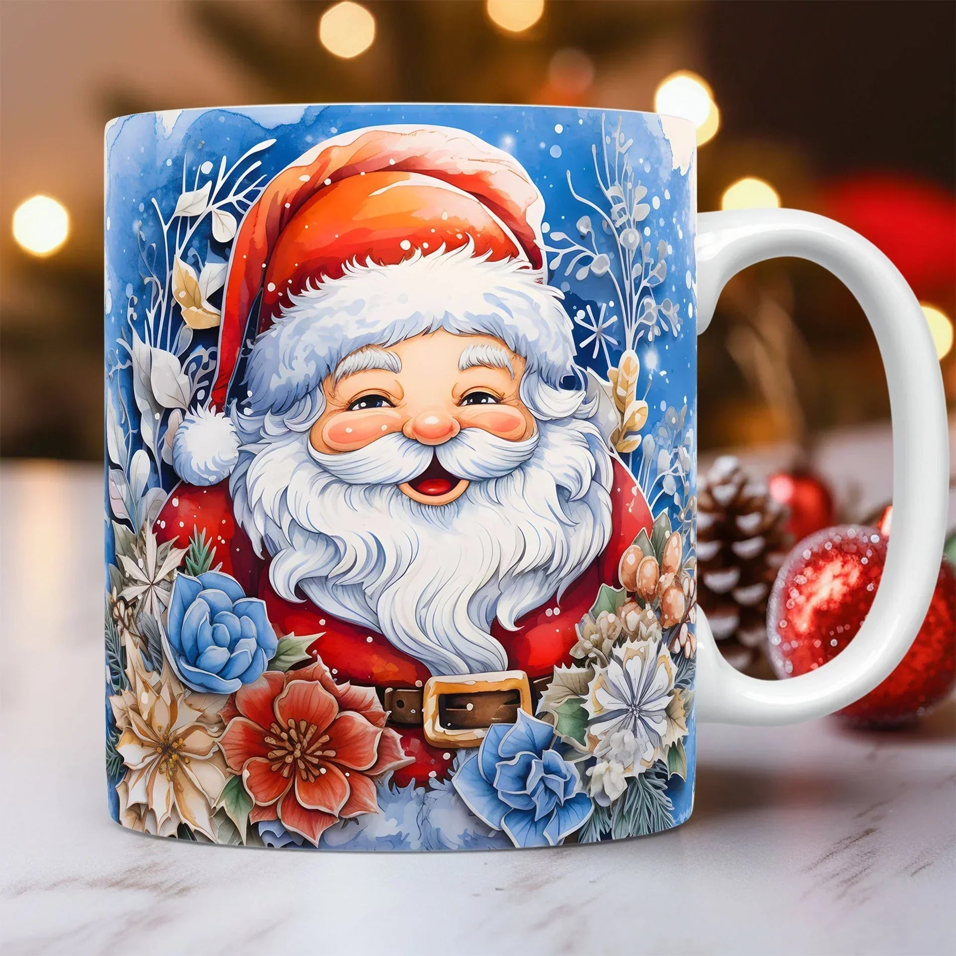 Festive mug featuring a colorful Santa Claus illustration with floral and winter accents