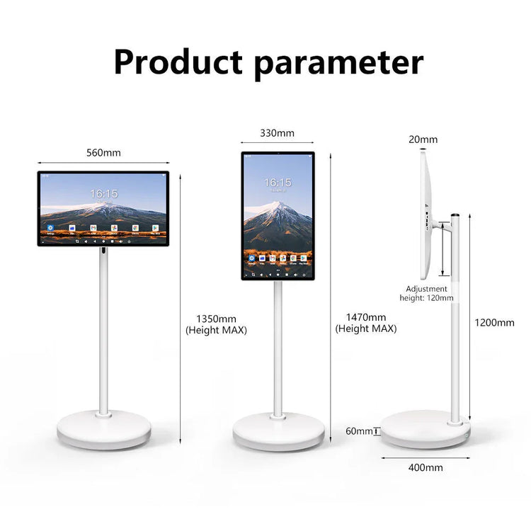 Adjustable white standing digital display with rounded base, shown in landscape and portrait modes.