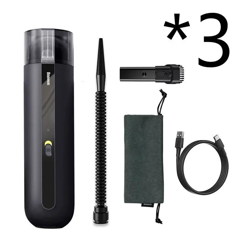 Portable black gadget vacuum cleaner set with nozzle, brush, pouch, and USB-C cable