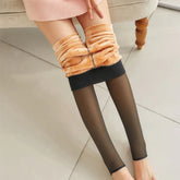 Sheer black tights with warm beige fleece lining, slim fit, shown with a pink sweater dress.