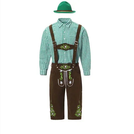 Traditional Bavarian outfit with green checkered shirt, brown embroidered lederhosen, and green hat