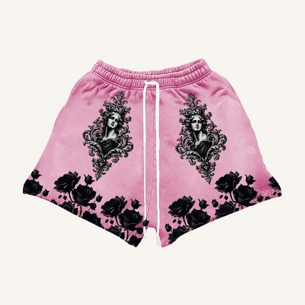 Pink streetwear shorts with black rose prints and baroque portrait designs, relaxed fit