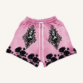 Pink streetwear shorts with black rose prints and baroque portrait designs, relaxed fit
