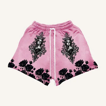 Pink streetwear shorts with black rose prints and baroque portrait designs, relaxed fit