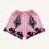 Pink streetwear shorts with black rose and ornate portrait graphics, relaxed fit, elastic waist