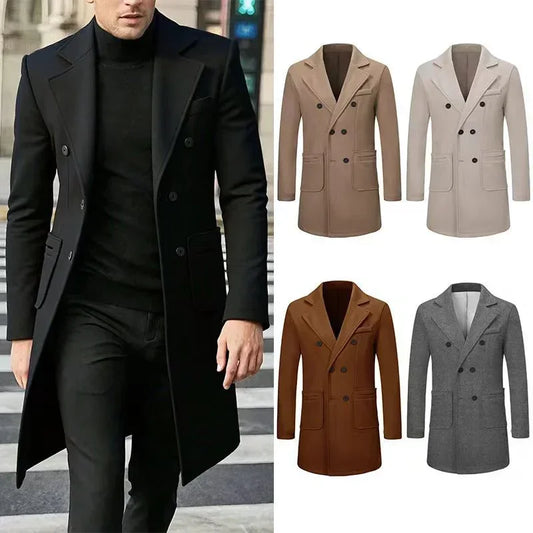 Men’s double-breasted wool trench coat in black, beige, brown, and grey with slim fit design.