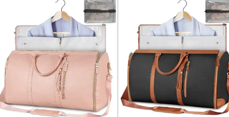 Two duffel garment bags, one pink and one black with brown accents, shown open displaying neatly packed shirts and organized clothing compartments, ideal for travel and fashion-forward packing.