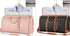 Two duffel garment bags, one pink and one black with brown accents, shown open displaying neatly packed shirts and organized clothing compartments, ideal for travel and fashion-forward packing.