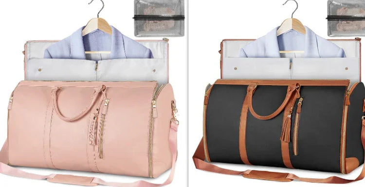 Two duffel garment bags, one pink and one black with brown accents, shown open displaying neatly packed shirts and organized clothing compartments, ideal for travel and fashion-forward packing.