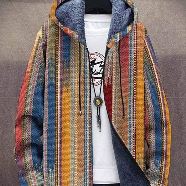 Colorful striped fleece hoodie with relaxed fit and warm textured material