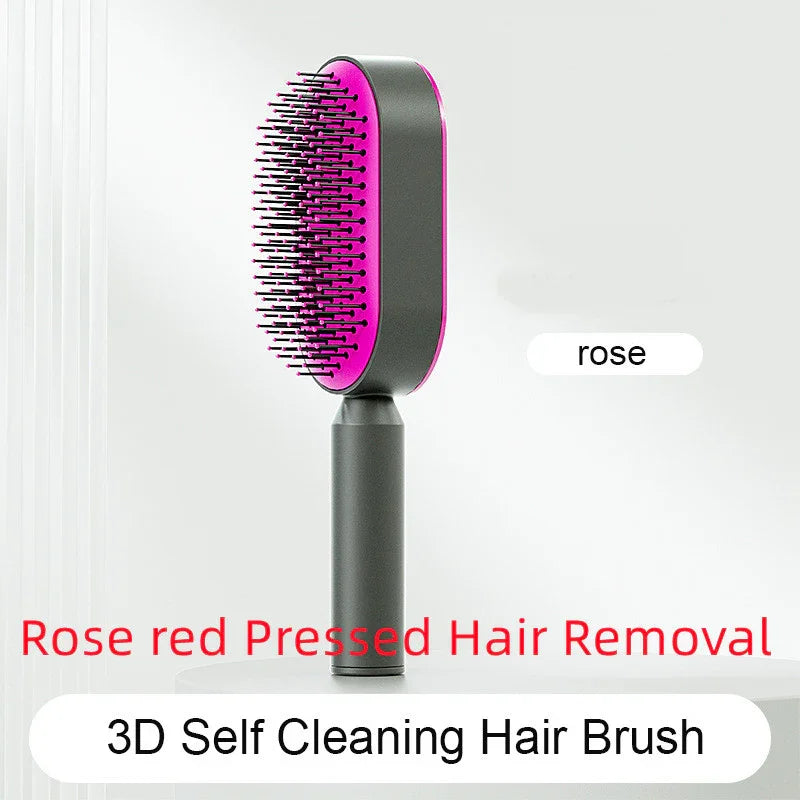 Rose red 3D self-cleaning hair brush with ergonomic black handle and dense bristles